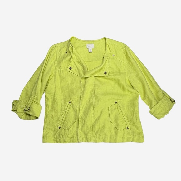 Chicos Easy Linen Jacket Chartreuse Green Open Drape Front Roll Tab Sleeve - Picture 4 of 12